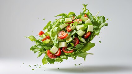 Poster - Vibrant flying salad featuring crisp green lettuce, cherry tomatoes, and cucumber cubes, set against a soft white background with ample negative space.