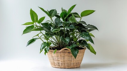 Fototapete - Lush green Ficus elastica plant in a woven basket centered with vibrant leaves against a soft white background showcasing indoor gardening aesthetics