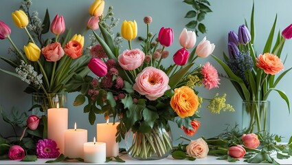 Aufkleber - Vibrant spring floral arrangement with yellow, pink, and purple flowers in glass vases surrounded by white candles on a soft green background.