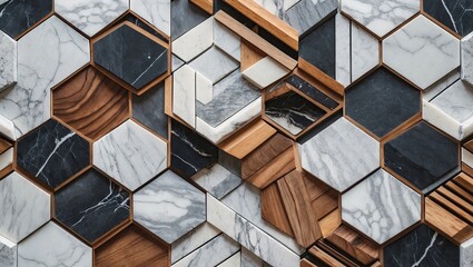 Poster - Hexagonal tile arrangement featuring dark and light marble, wood textures, and various colors, creating a modern geometric design background.