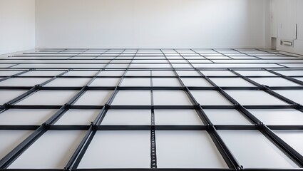 Fototapete - Minimalist interior perspective of an empty room with a grid-patterned floor in black and white tones showcasing clean lines and open space.
