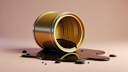 Poster - Golden drum canister tilted, spilling glossy black oil onto a light pastel background, showcasing intricate details and smooth textures.