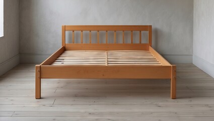 Poster - Lacquered wooden bed frame with slats positioned centrally on a light wooden floor against a plain gray wall in a bright indoor setting.
