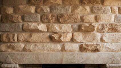 Poster - Textured stone fireplace wall with warm beige tones and natural variations, featuring large irregularly shaped stones arranged in a horizontal pattern.
