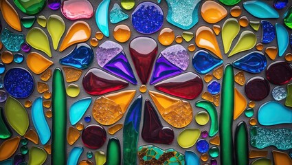 Aufkleber - Vibrant glass mosaic art featuring colorful floral designs with blue, purple, green, and orange hues against a soft gray abstract wall background.