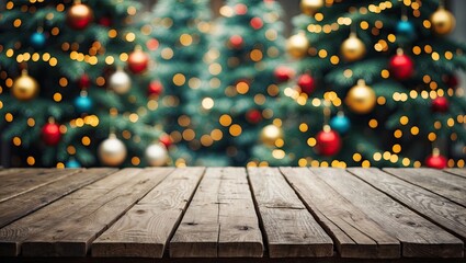 Poster - Wooden table in foreground with blurred colorful bokeh Christmas tree background featuring green, red, and gold ornaments ideal for product display.