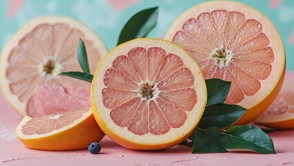 Poster - Pastel backdrop with vibrant pink grapefruit halves arranged on a pink surface, accented by green leaves and soft background tones.