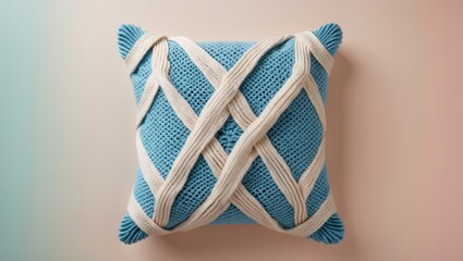 Poster - Knitted decorative cushion in teal and cream on a soft pastel background, positioned centrally for a modern home decor aesthetic.