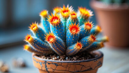 Poster - Colorful Gymnocalycium mihanovichii cactus in a textured brown pot, vibrant red and orange spines with blue-green body, soft natural light background.