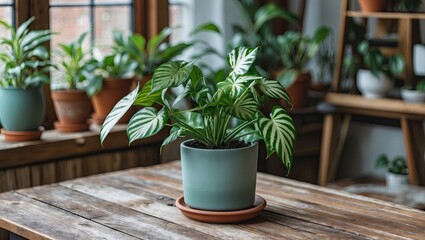Poster - Lush green houseplant in a light blue pot on a rustic wooden table surrounded by various plants and natural light filtering through windows