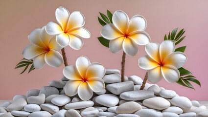 Aufkleber - Frangipani flowers in white and yellow hues on a mound of smooth white stones with pastel pink and beige background creating a serene atmosphere