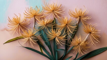 Poster - Delicate dried lily blossoms in vibrant golden hues arranged artistically against a soft pastel pink and blue backdrop with green leaves.
