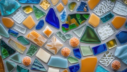 Poster - Colorful glass mosaic texture featuring vibrant blue, green, orange, and yellow pieces arranged in an abstract pattern with intricate details.