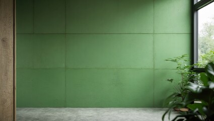 Fototapete - Green blank concrete wall in a modern interior space with large window showcasing plant. Positioned left with soft natural light filtering through.