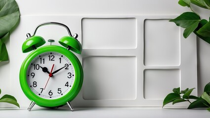 Aufkleber - Green alarm clock positioned on the right side against a white background with empty text areas, framed by lush green leaves for a fresh look.