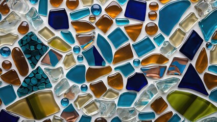 Poster - Colorful glass mosaic design featuring assorted shapes in blue, amber, green, and clear hues, arranged closely on a white background.