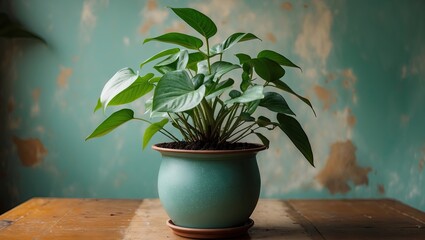 Poster - Potted green plant with lush leaves on wooden table against textured blue wall background, showcasing earthy tones and natural decor elements.
