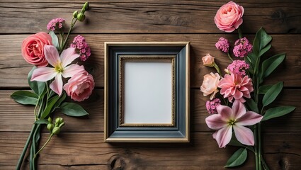 Aufkleber - Stylish empty photo frame positioned centrally on a wooden table surrounded by pink and white flowers, vibrant greens enhancing the composition.