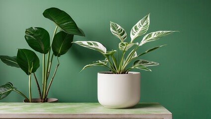 Poster - Minimalist indoor plant arrangement featuring a zamioculcas in a white pot on a light green table with lush green foliage against a deep green background.
