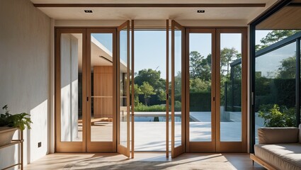 Poster - Minimalist modern house interior featuring elegant wooden French doors open to a sunlit patio surrounded by greenery showcasing a serene ambiance.