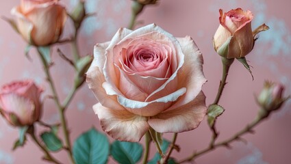 Aufkleber - Soft pink backdrop featuring a close-up of a full blooming pastel rose surrounded by smaller roses and green leaves creating a delicate natural arrangement.