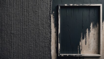 Aufkleber - Textured fabric in black and gray juxtaposed with a weathered wood frame against a dark, paint-dripped wall, creating a modern artistic vibe.