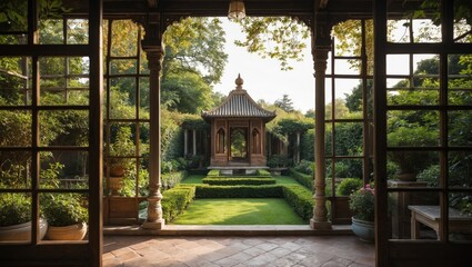 Poster - Lush green garden view with ornate pavilion centered in serene landscape framed by wooden structure and foliage, capturing tranquility and elegance.