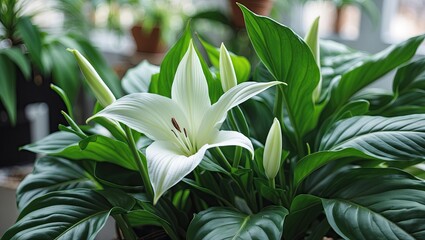 Leinwandbilder - Elegant peace lily with a striking white flower surrounded by lush green leaves, featuring a blurred background for a serene atmosphere.