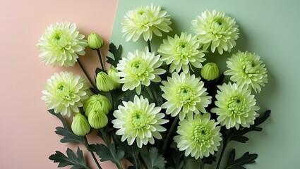 Aufkleber - Bright light green chrysanthemum flowers arranged on a pastel pink and green background with leaves positioned at the base of the image.