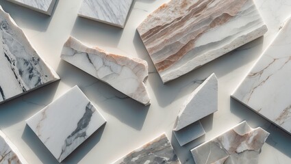 Poster - Natural marble stone pieces arranged artistically on a light background showcasing various textures with soft beige, gray, and white tones.