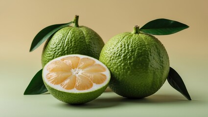 Aufkleber - Green pomelo citrus fruit with a cut half revealing juicy flesh, placed on a pastel green and beige background, surrounded by green leaves.