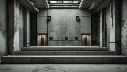 Poster - Grunge-style interior with a concrete podium in the center, illuminated by soft lighting, surrounded by textured gray walls for an industrial effect.