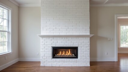 Poster - Bright, empty living room featuring a sleek gas fireplace on a white brick wall with warm wooden flooring, large windows allowing natural light.