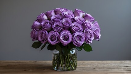 Poster - Purple roses arranged elegantly in a glass vase on a rustic wooden table with a smooth gray background creating a serene and sophisticated ambiance.