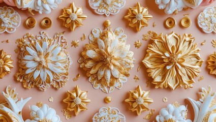 Fototapete - Pastel peach background adorned with intricate golden floral motifs and white accents, creating a seamless oriental pattern design.