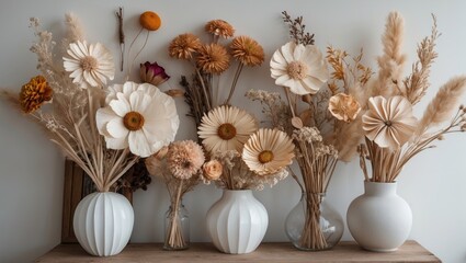 Leinwandbilder - Elegant arrangement of dried flowers in various white vases showcasing warm beige and soft peach tones, enhancing home decor with a natural touch.