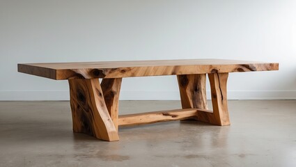 Poster - Natural elm wood handcrafted table with a smooth rectangular top and unique grain patterns, positioned on a light gray floor against a white wall.