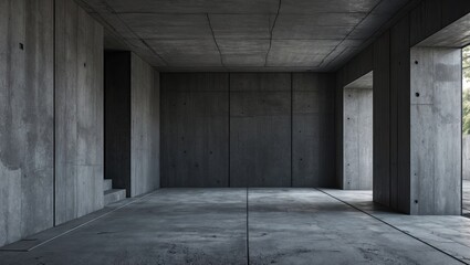 Poster - Spacious empty concrete interior featuring dark grey walls and floor with minimal light creating a modern abstract aesthetic in an industrial setting