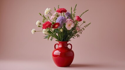 Aufkleber - Vibrant bouquet of mixed flowers in a glossy red vase centered against a soft pastel pink background, showcasing rich colors and elegant composition.