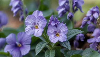 Aufkleber - Vibrant purple Saintpaulia flowers blooming amidst lush green leaves with soft sunlight illuminating delicate petals in a serene garden setting