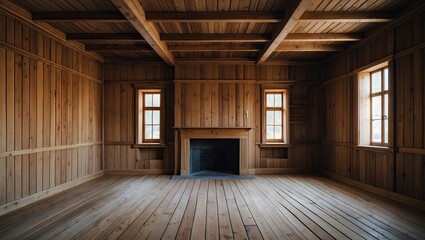 Poster - Spacious empty wooden interior with brown walls and ceiling beams, featuring two bright windows and a central fireplace on warm wooden flooring.