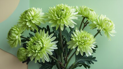 Poster - Vibrant green chrysanthemum flowers arranged gracefully against soft pastel green and beige backgrounds enhancing a fresh, serene aesthetic.