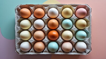 Aufkleber - Pastel colored eggs neatly arranged in a paper tray on a soft pastel background featuring light orange, teal, and cream shades.