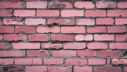 Aufkleber - Textured horizontal arrangement of aged pink bricks with visible wear and variations, featuring hues of pink and gray mortar, ideal for backgrounds.