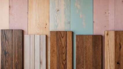 Leinwandbilder - Pastel background showcasing an array of wooden tiles and parquet, featuring light beige, green, brown, and dark brown hues arranged vertically.