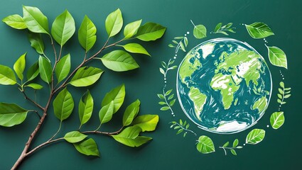 Fototapete - Green leaves are prominently positioned on the left, while a colorful sketch of the Earth surrounded by foliage is placed on the right against a dark green background.