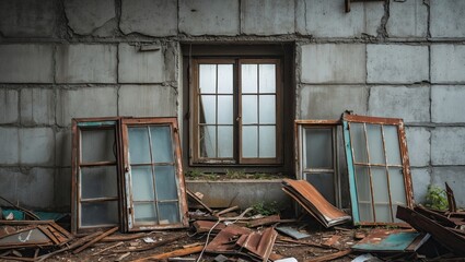 Aufkleber - Abandoned industrial space featuring weathered wooden windows leaning against a cracked concrete wall with a central intact window showcasing greenery.