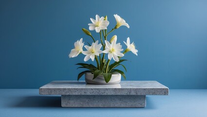 Aufkleber - Elegant arrangement of white lilies in a sleek round pot on a minimalist blue background featuring a modern stone pedestal in soft lighting
