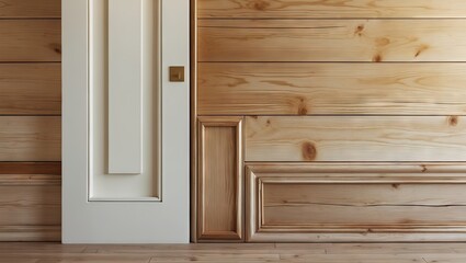 Aufkleber - Elegant interior featuring glossy wood paneling and a white door with decorative trim, warm tones of brown and cream creating a cozy atmosphere.