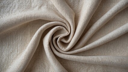 Fototapete - Neutral beige fabric texture in a circular swirl, soft wrinkles enhanced by natural light, ideal for backgrounds or textile presentations.
